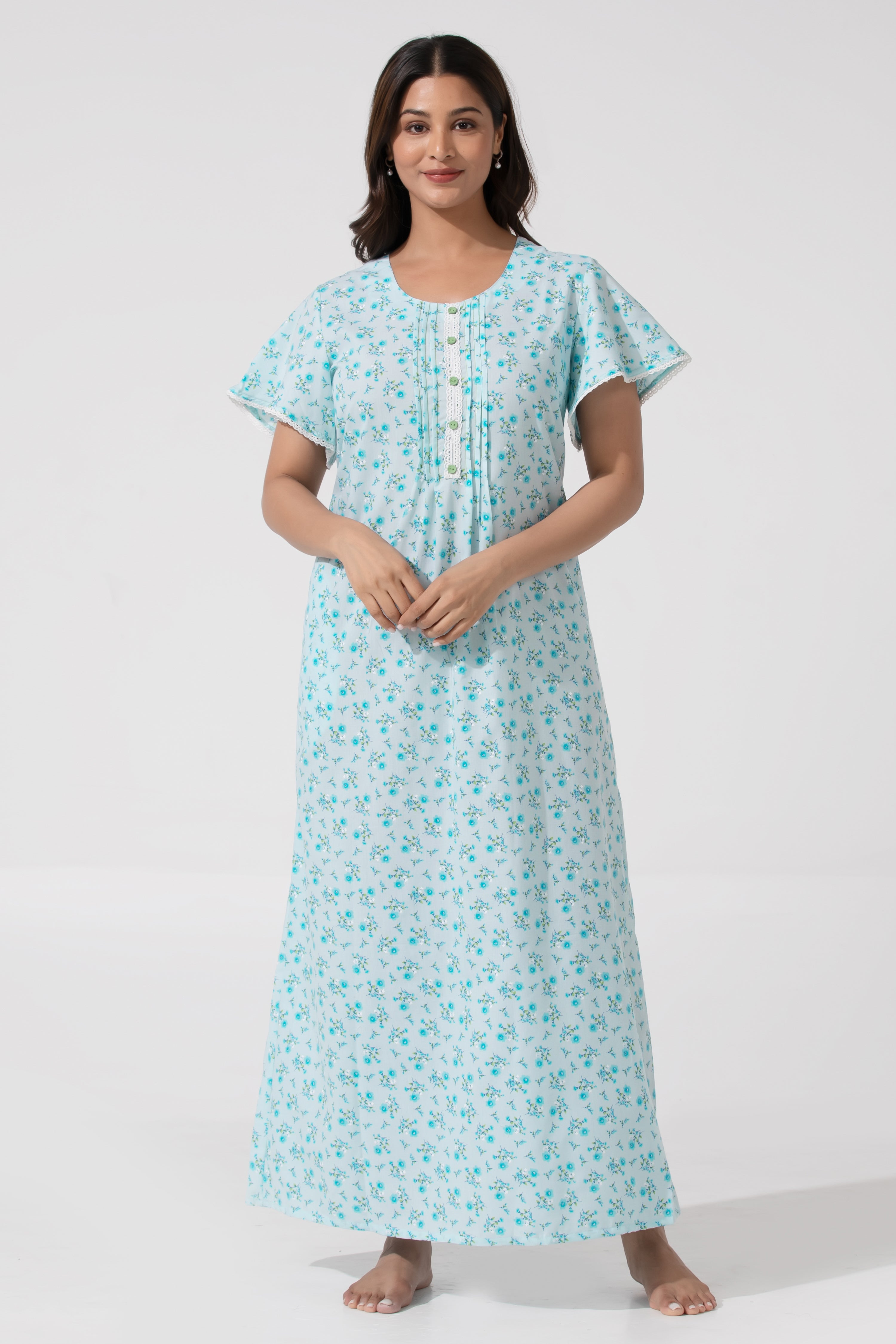 Sky Floral Cotton Nighty Featuring Pin Tuck Yoke