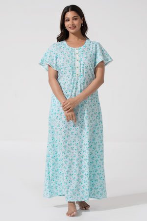 Sky Floral Cotton Nighty Featuring Pin Tuck Yoke