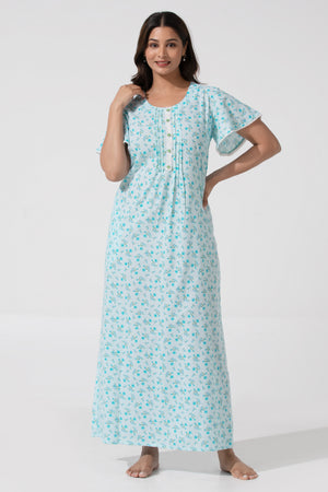 Sky Floral Cotton Nighty Featuring Pin Tuck Yoke