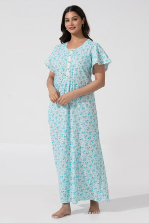 Sky Floral Cotton Nighty Featuring Pin Tuck Yoke