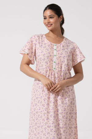 Baby Pink Floral Cotton Nighty & Pink Tuck Yoke