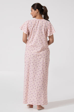 Baby Pink Floral Cotton Nighty & Pink Tuck Yoke