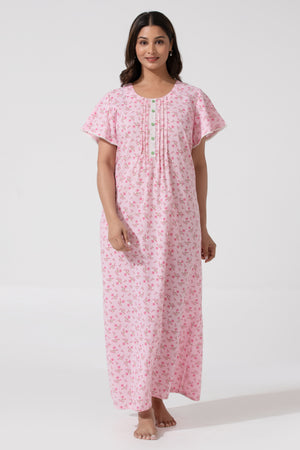 Pink Floral Printed Cotton Nighty with Lace Design