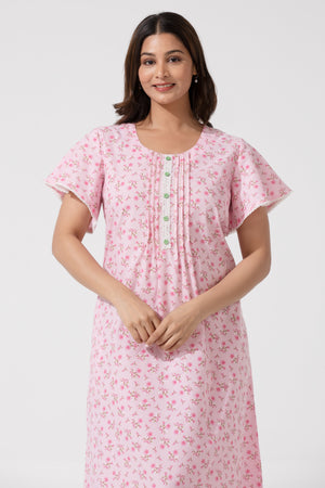 Pink Floral Printed Cotton Nighty with Lace Design