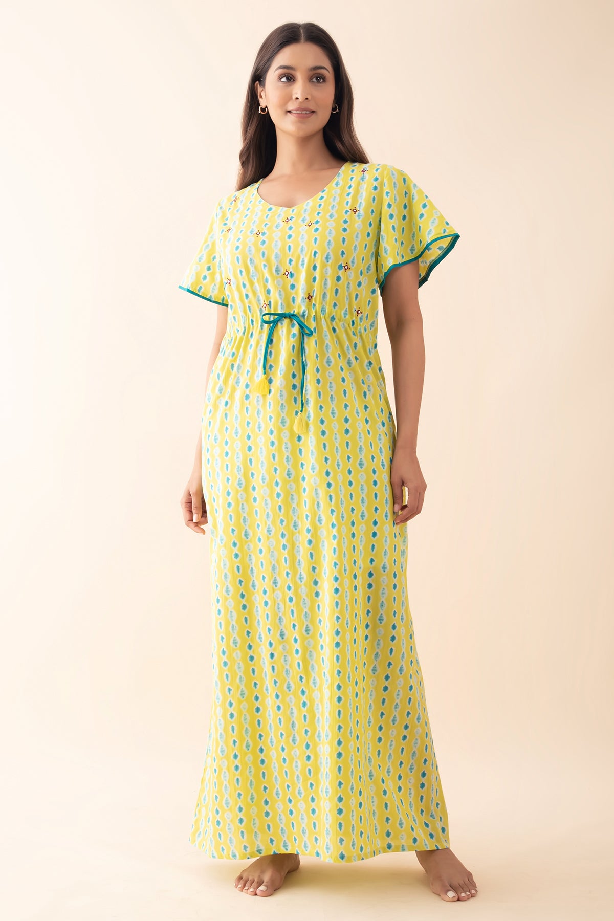Shibori Foil Mirror Embellished Nighty with Waist Tie-up - Green