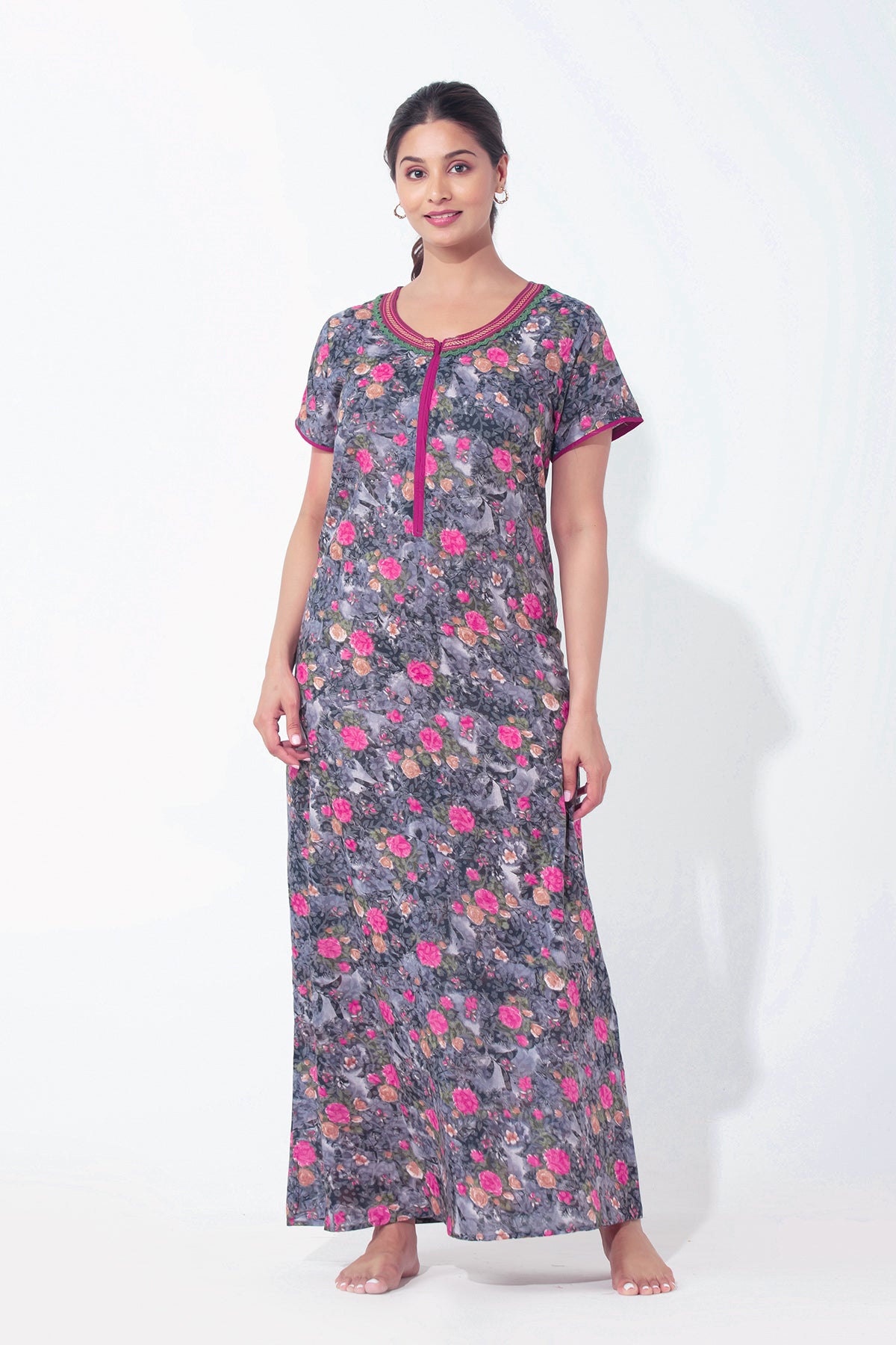 Digital Floral Printed Black Nighty with Front Open Zipper