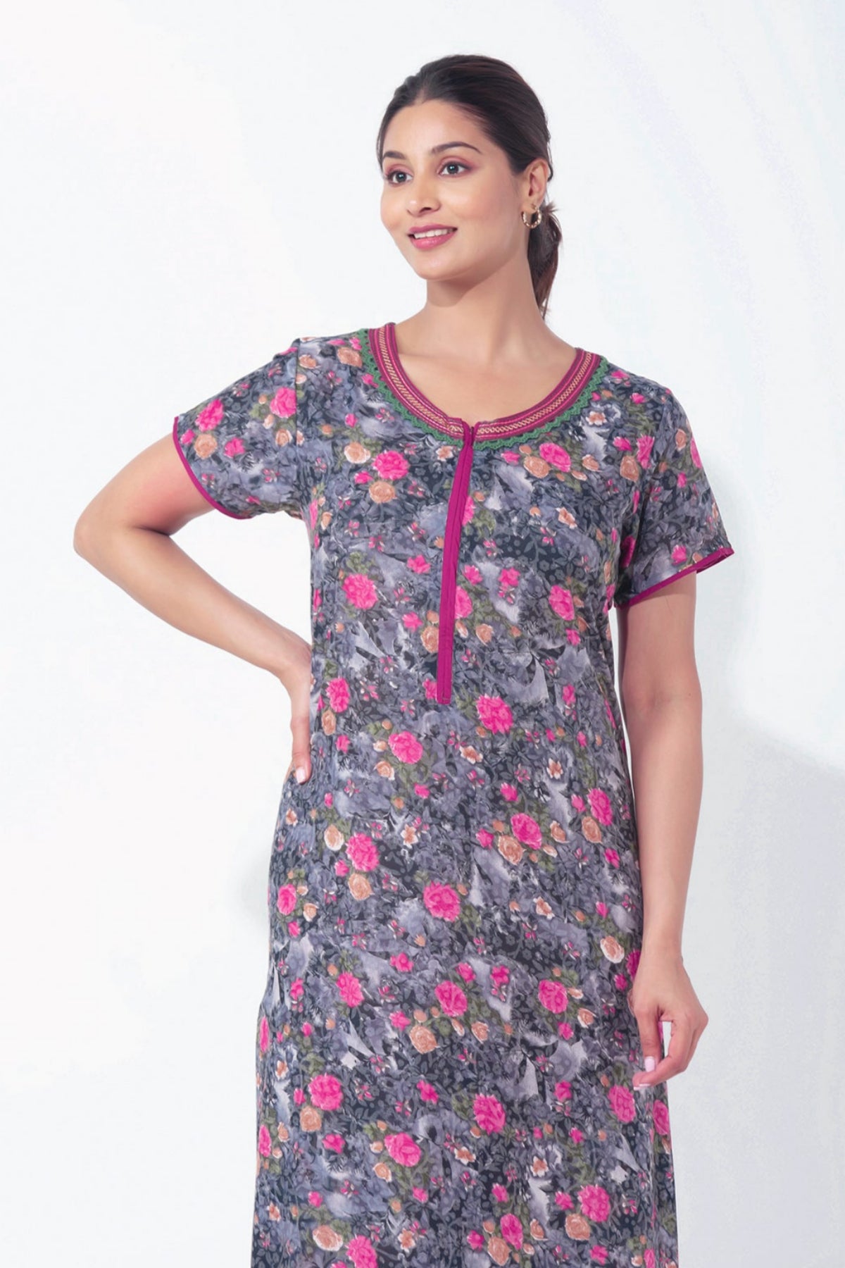 Digital Floral Printed Black Nighty with Front Open Zipper