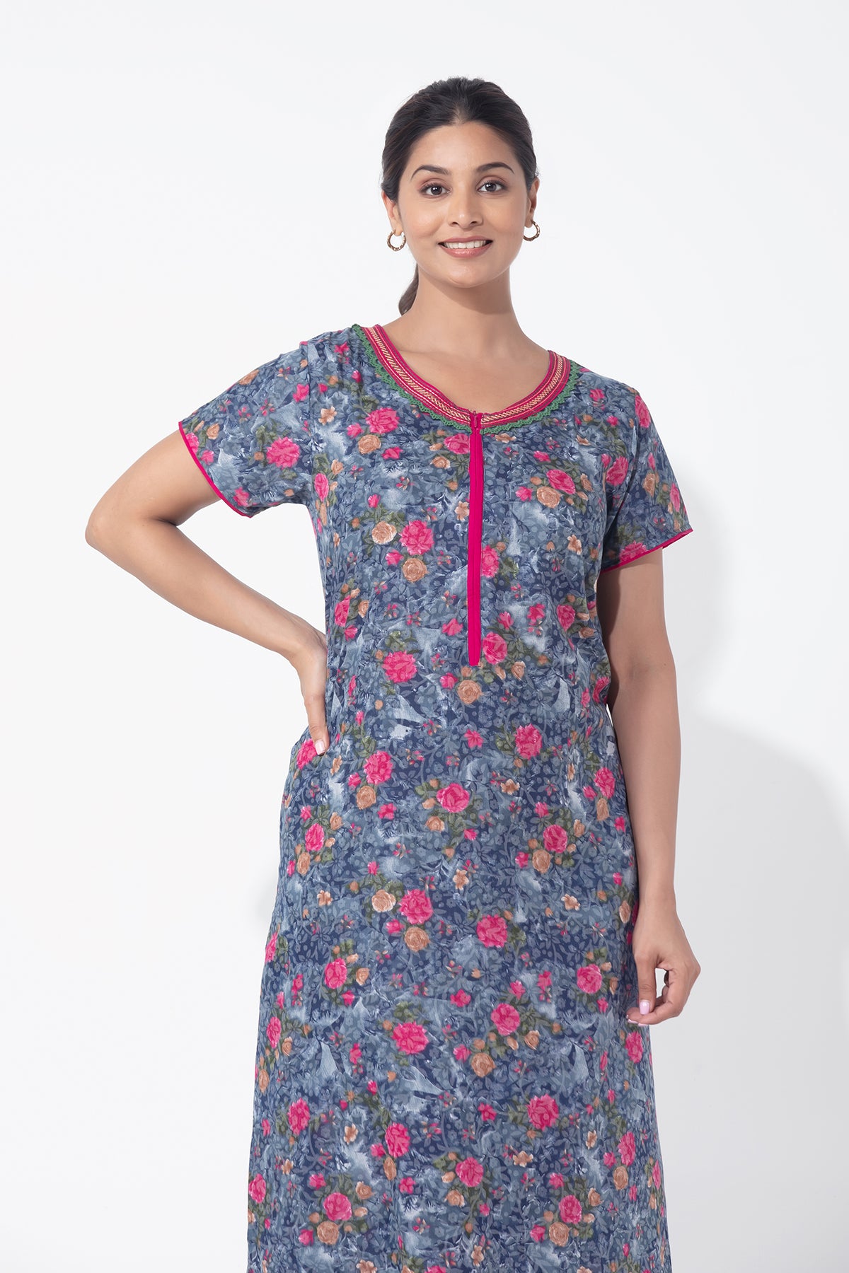 Digital Floral Printed Blue Nighty with Front Open Zipper
