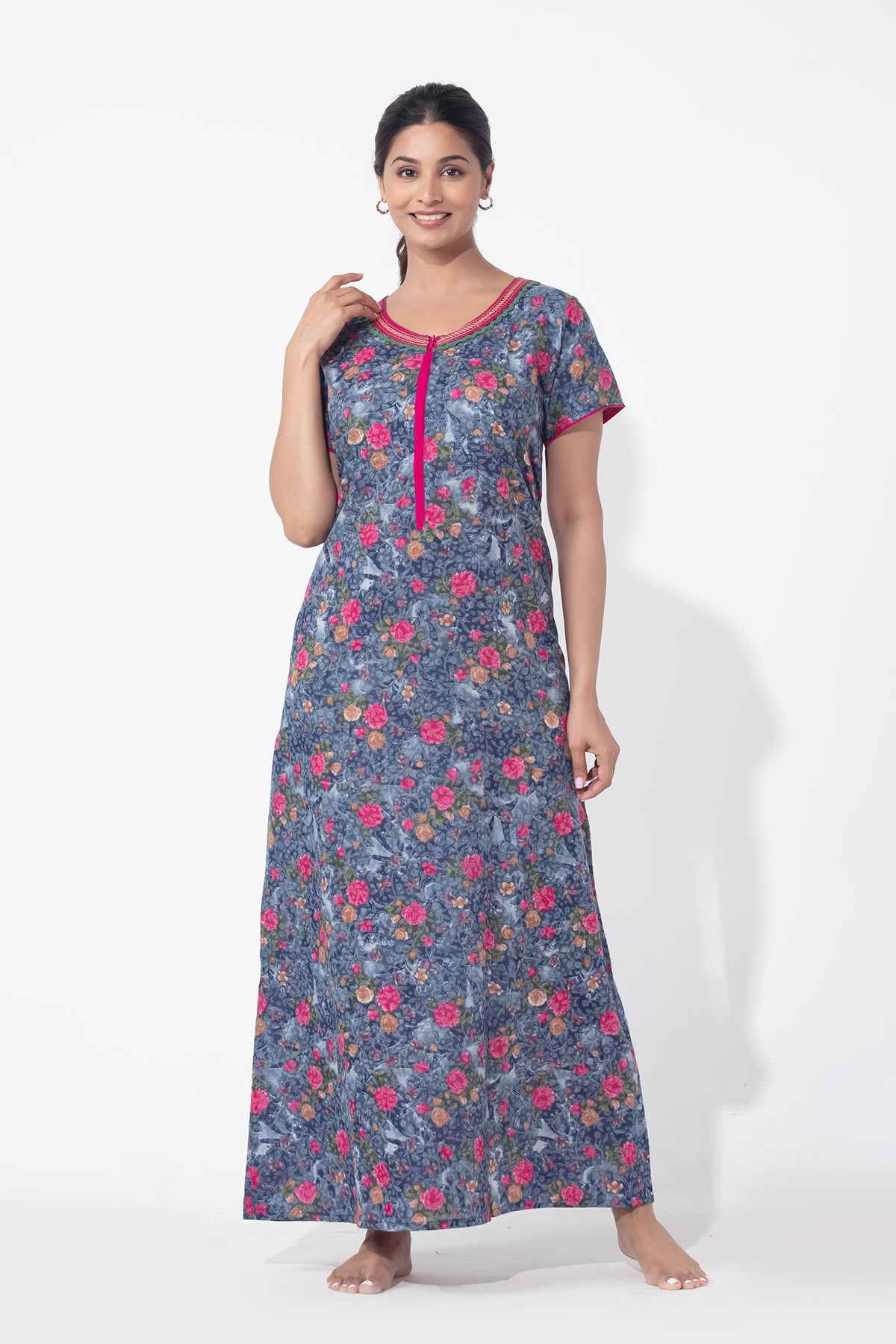 Digital Floral Printed Blue Nighty with Front Open Zipper