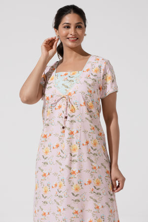 Soft Baby Pink Floral Printed Nighty– Floral Yoke Design
