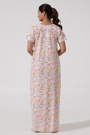 Soft Baby Pink Floral Printed Nighty– Floral Yoke Design