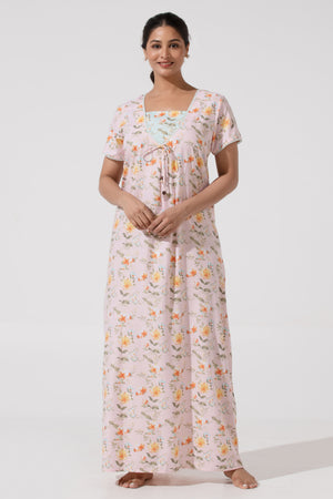 Soft Baby Pink Floral Printed Nighty– Floral Yoke Design