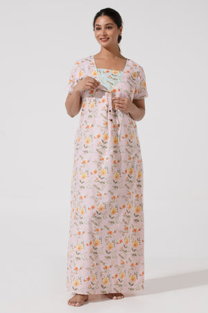 Soft Baby Pink Floral Printed Nighty– Floral Yoke Design