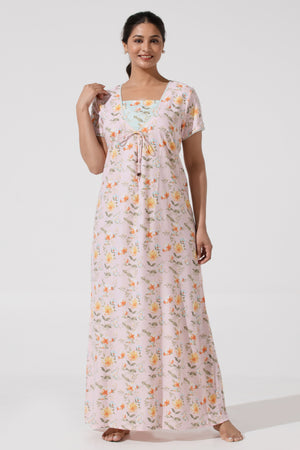 Soft Baby Pink Floral Printed Nighty– Floral Yoke Design