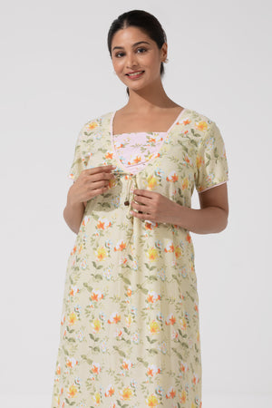 Stylish Yellow Floral Printed Nighty with Square Neck