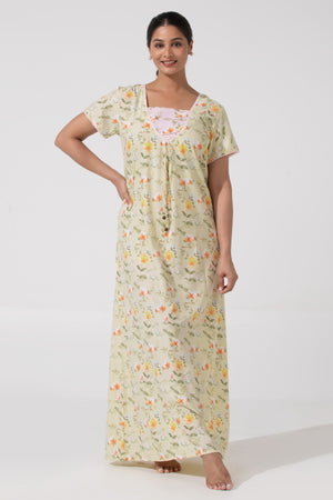 Stylish Yellow Floral Printed Nighty with Square Neck
