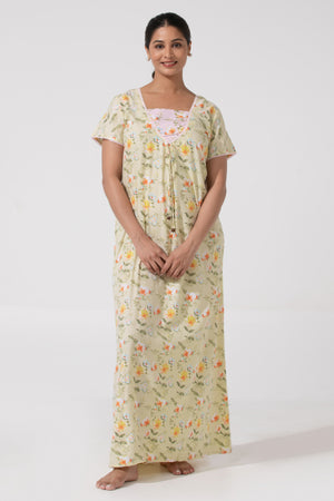 Stylish Yellow Floral Printed Nighty with Square Neck