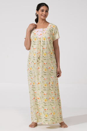 Stylish Yellow Floral Printed Nighty with Square Neck