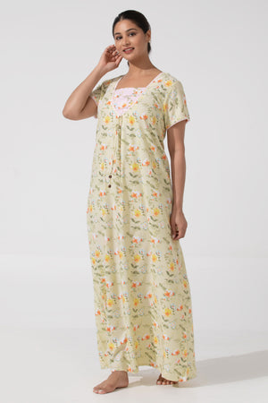 Stylish Yellow Floral Printed Nighty with Square Neck