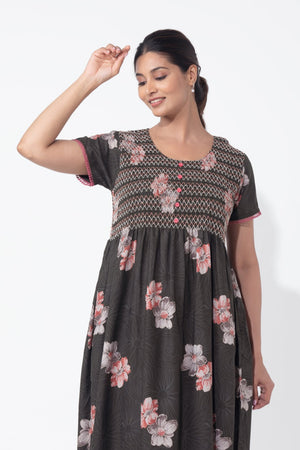Floral Printed Green Nighty with Smocked Yoke