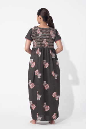 Floral Printed Green Nighty with Smocked Yoke