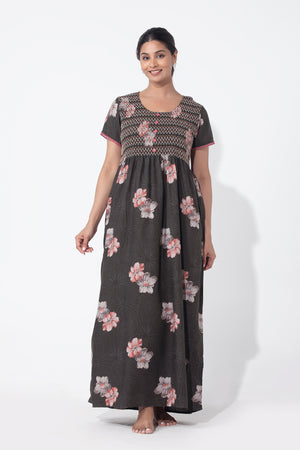 Floral Printed Green Nighty with Smocked Yoke