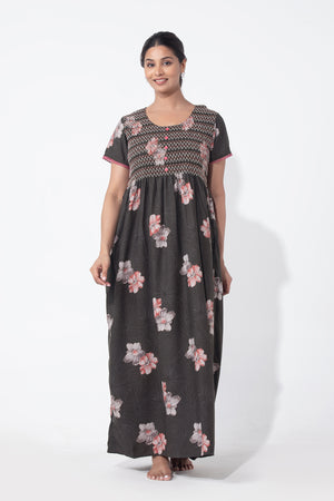 Floral Printed Green Nighty with Smocked Yoke