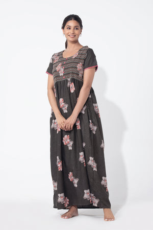 Floral Printed Green Nighty with Smocked Yoke