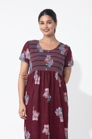 Floral Printed Maroon Nighty with Smocked Yoke