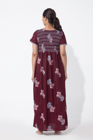 Floral Printed Maroon Nighty with Smocked Yoke