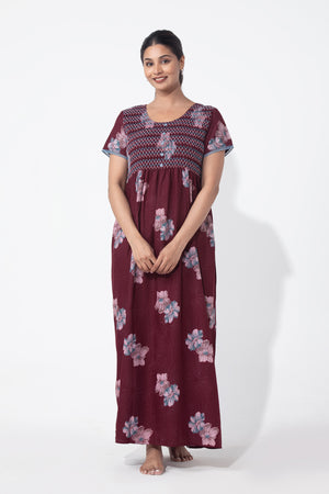 Floral Printed Maroon Nighty with Smocked Yoke