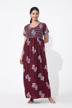 Floral Printed Maroon Nighty with Smocked Yoke