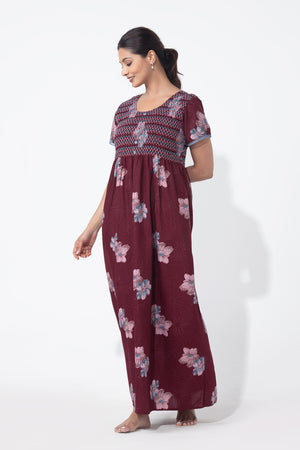 Floral Printed Maroon Nighty with Smocked Yoke
