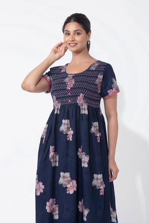 Floral Printed Navy Blue Nighty with Smocked Yoke