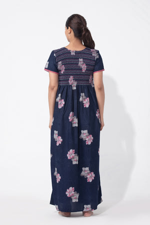 Floral Printed Navy Blue Nighty with Smocked Yoke