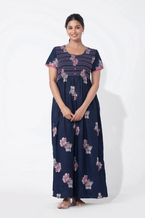 Floral Printed Navy Blue Nighty with Smocked Yoke