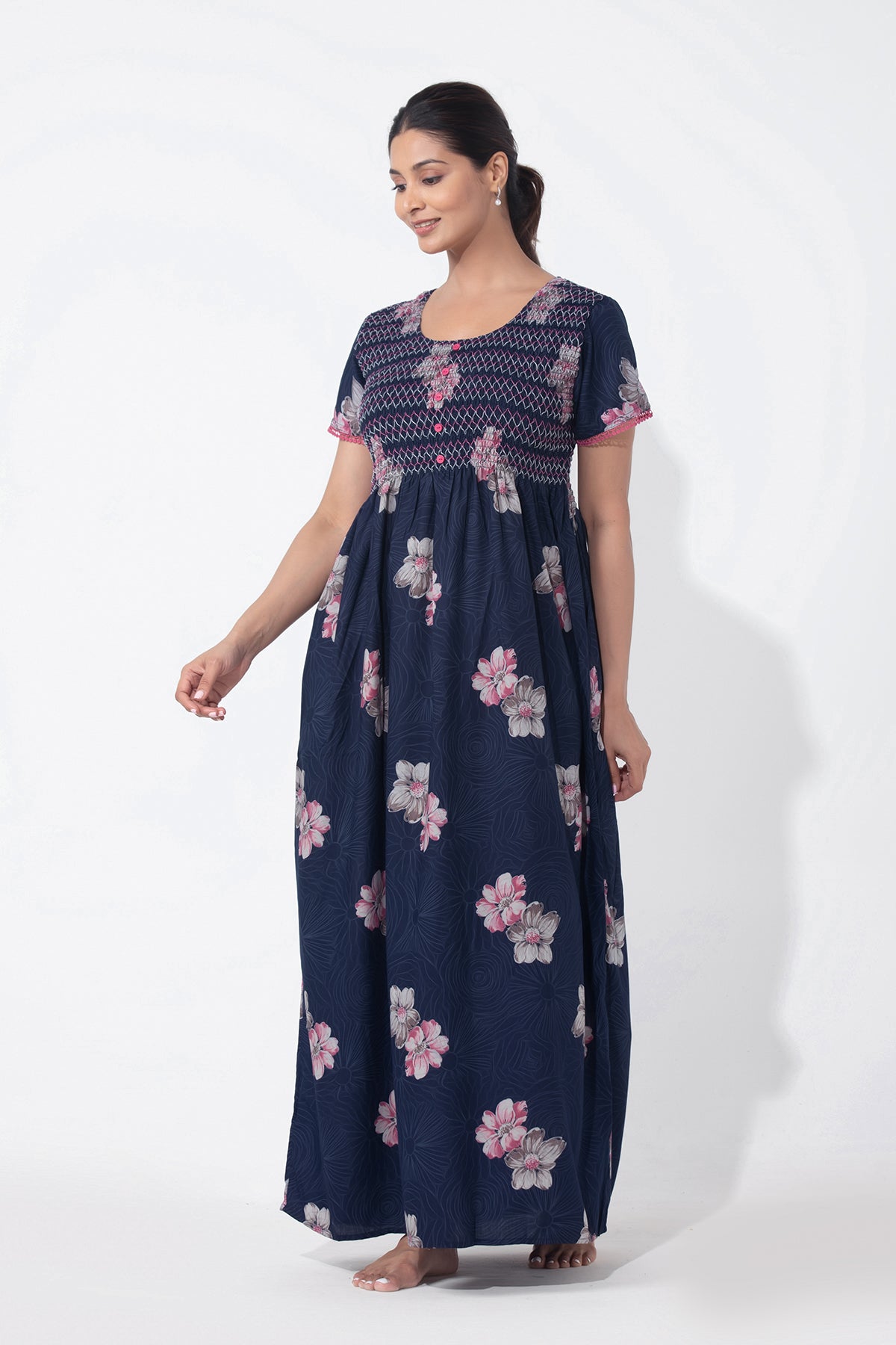 Floral Printed Navy Blue Nighty with Smocked Yoke