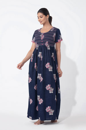 Floral Printed Navy Blue Nighty with Smocked Yoke