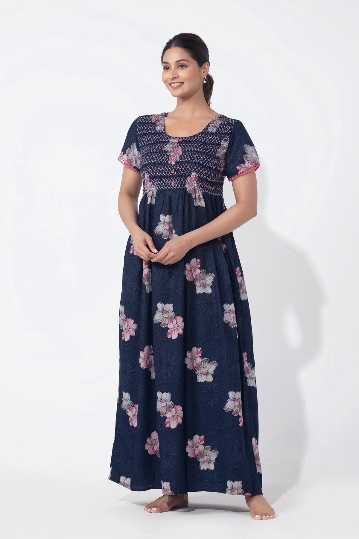 Floral Printed Navy Blue Nighty with Smocked Yoke