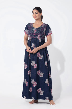 Floral Printed Navy Blue Nighty with Smocked Yoke