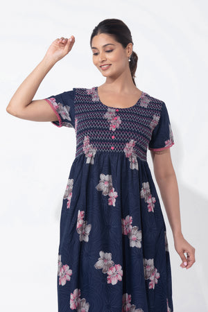 Floral Printed Navy Blue Nighty with Smocked Yoke