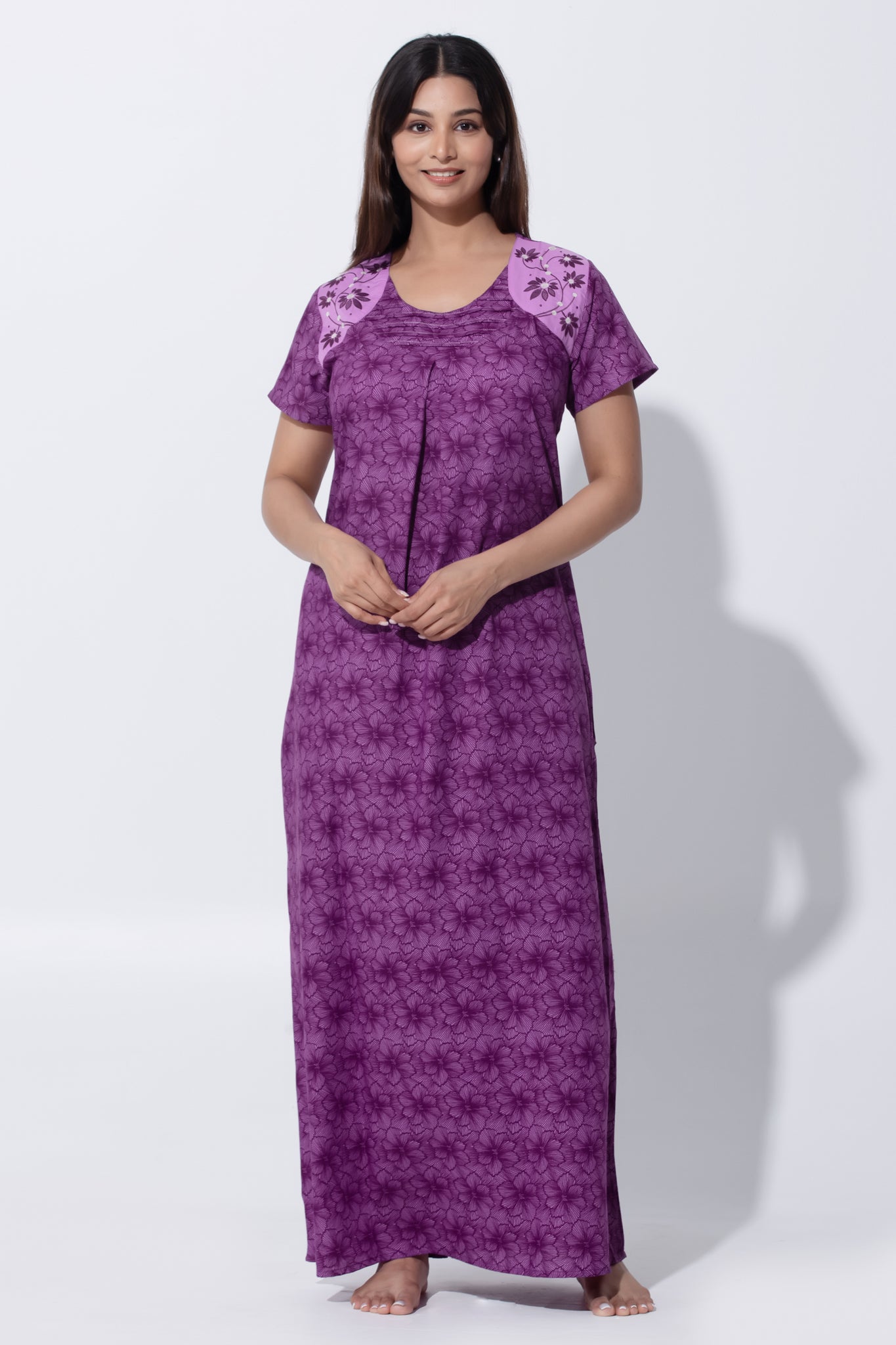 Purple Viscose Nightwear with Floral & Pink Tuck Yoke