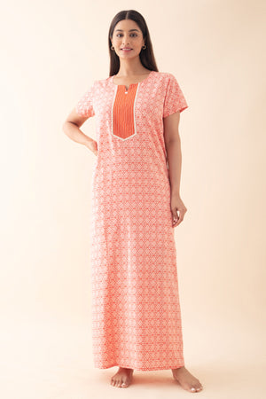 Batik Printed Nighty with Lace Embellishment - Orange