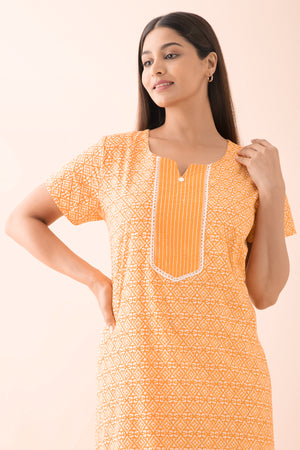 Batik Printed Nighty with Lace Embellishment - Yellow