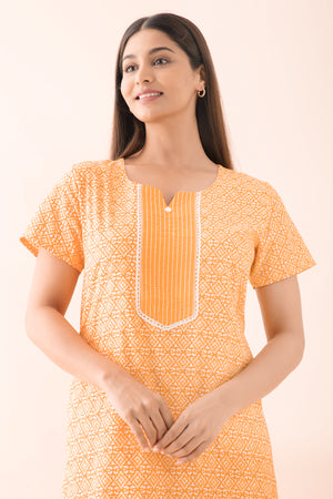 Batik Printed Nighty with Lace Embellishment - Yellow