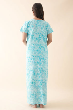Floral Printed Nighty with Lace Embellishment - Blue