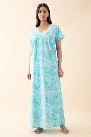 Floral Printed Nighty with Lace Embellishment - Blue