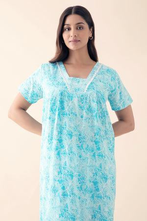 Floral Printed Nighty with Lace Embellishment - Blue