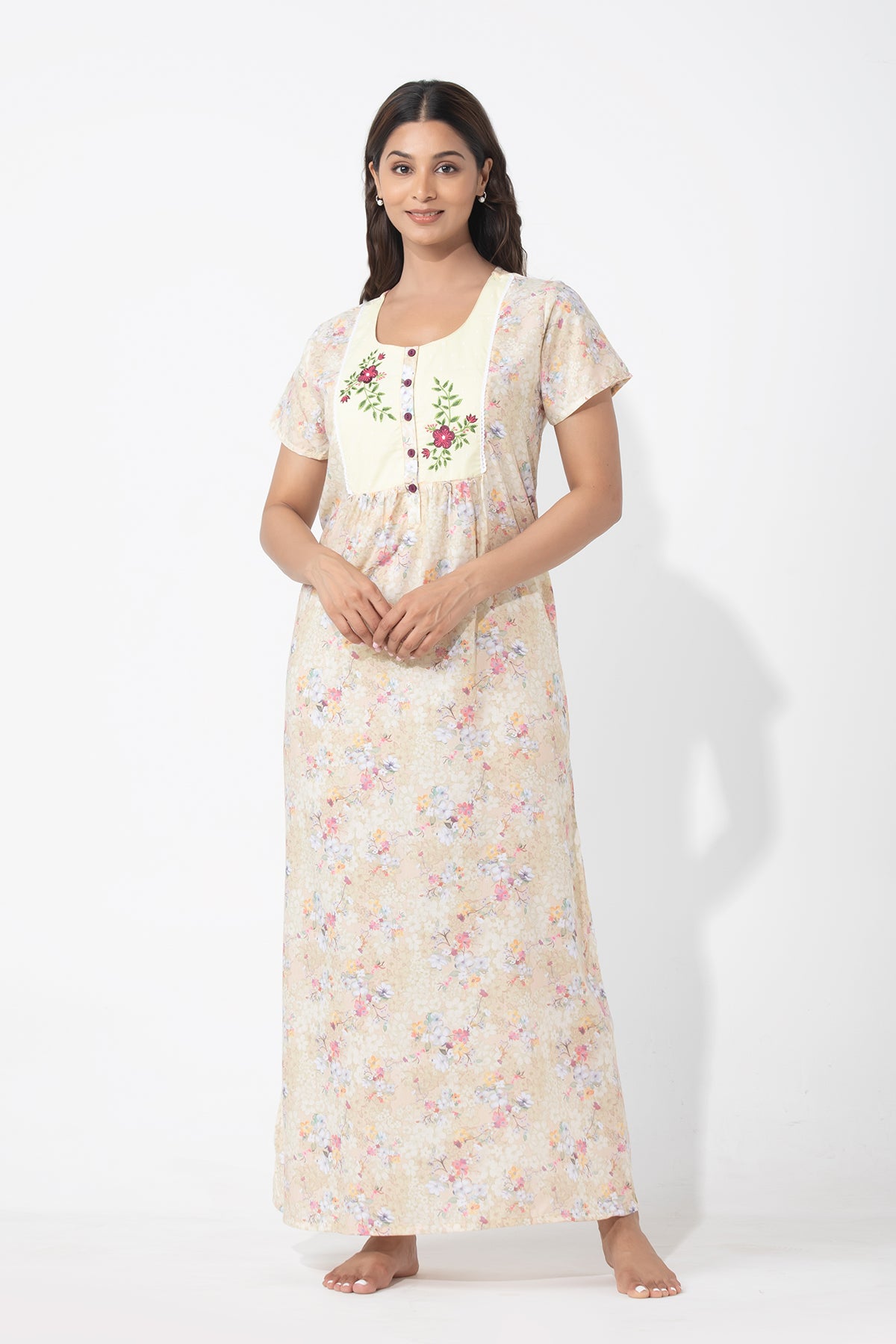 Pastel Yellow Ditsy Floral Printed Nighty