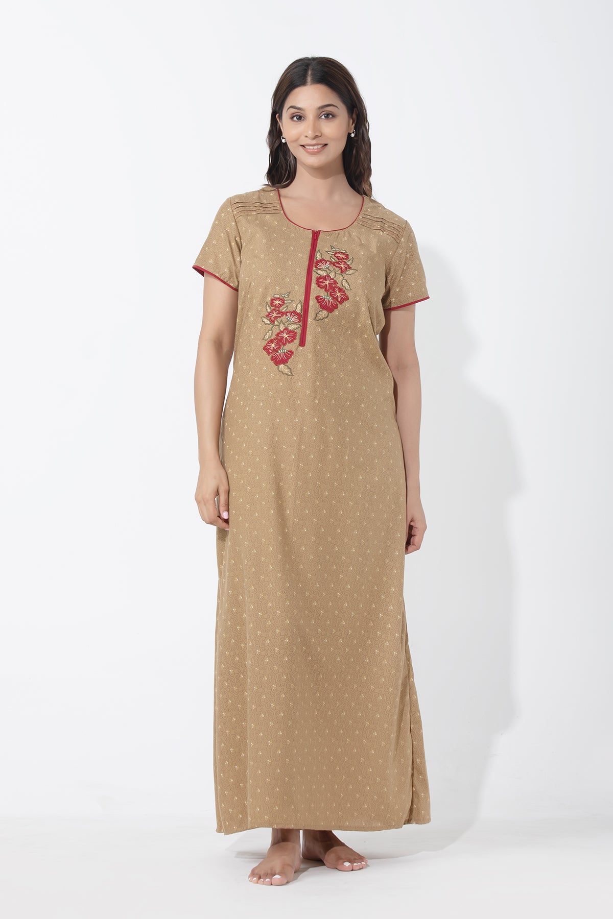 Floral Embroidered Olive Green Printed Nighty